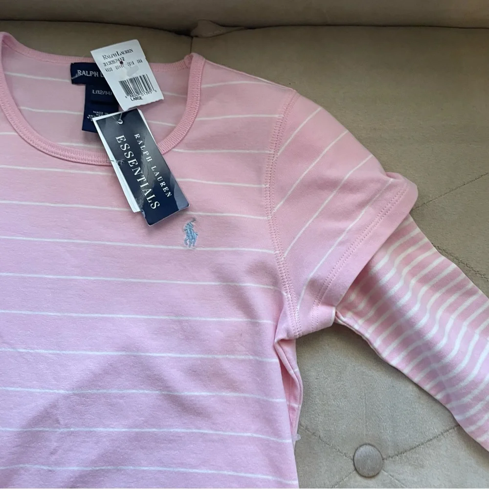 Ralph Lauren Large L 10-12 Pink Striped Long Sleeve Shirt NWT